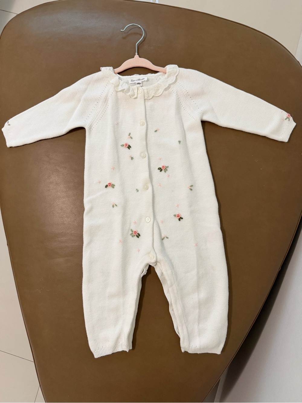 Tartine et Chocolat Classic Cream Knit Baby One-Piece with Floral Embroidery